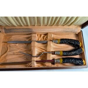 Vintage Flint Stainless Vanadium 3pc Carving Set Faux Stag Handles Wood Box USA